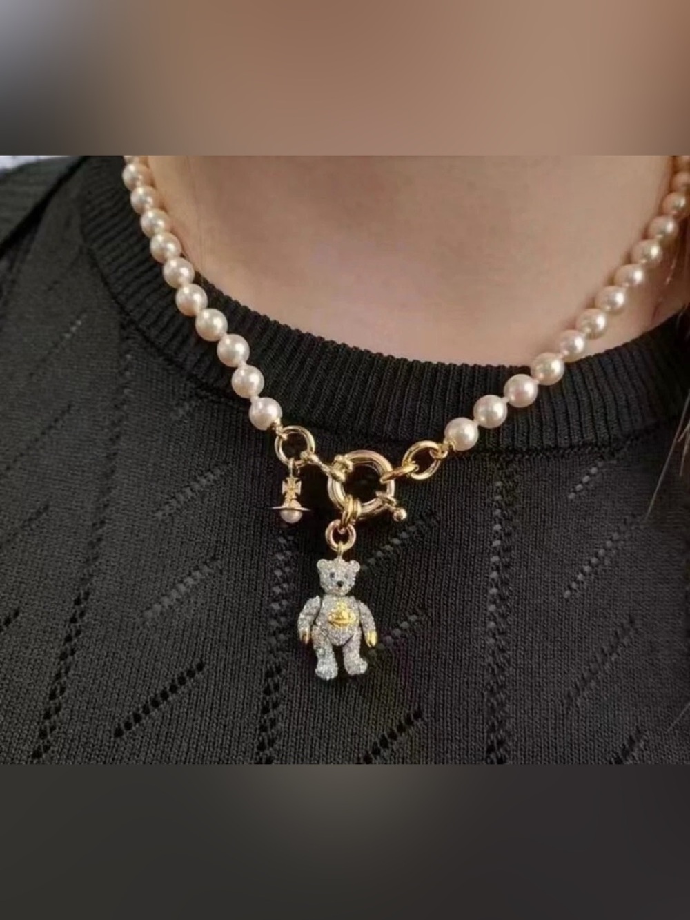 Vivienne Westwood Pearl Necklace with Gold Teddy Orb Charm